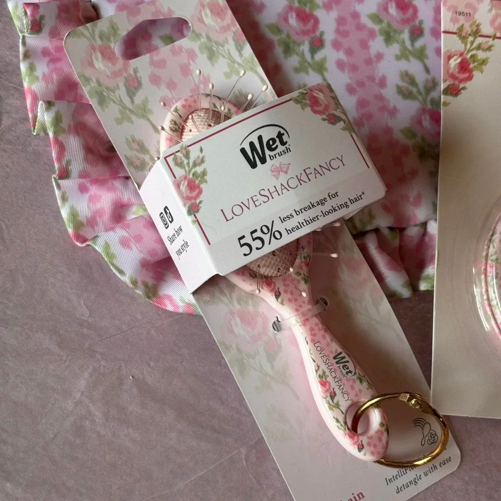 LoveShackFancy pink floral hair accessories bundle: Mini brush keychain Comb